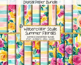Watercolor Flowers Stripes Digital Paper Pack, Seamless Floral Stripe Background Bundle, Pastel Summer Colors