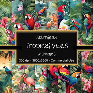 Fleurs et oiseaux tropicaux, motifs floraux en papier numérique, 20 motifs, 12 x 12 po., motifs floraux, perroquets et flamants roses, images bonus