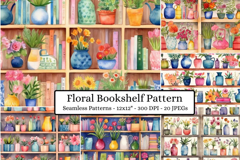 Floral Bookshelf Digital Paper Pack Set of 20 High-quality, Instant