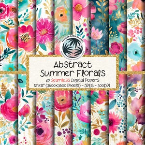 Op de afbeelding: Een verzameling van 20 naadloze digitale papieren met bloemmotieven. De patronen tonen roze, turquoise en gouden bloemen op een witte achtergrond. De tekst luidt "Abstract Summer Florals" en "12"x12" (3600x3600 Pixels) - JPEG - 300DPI".