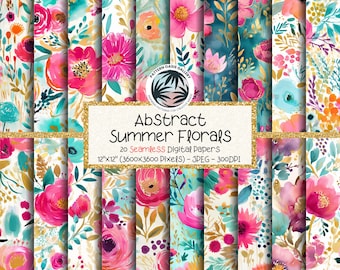 Summer Flowers Seamless Digital Papers, Summer Watercolor Flower Patterns, Teal & Pink, 20 Designs, 12x12in, Commercial Use, Floral Pattern