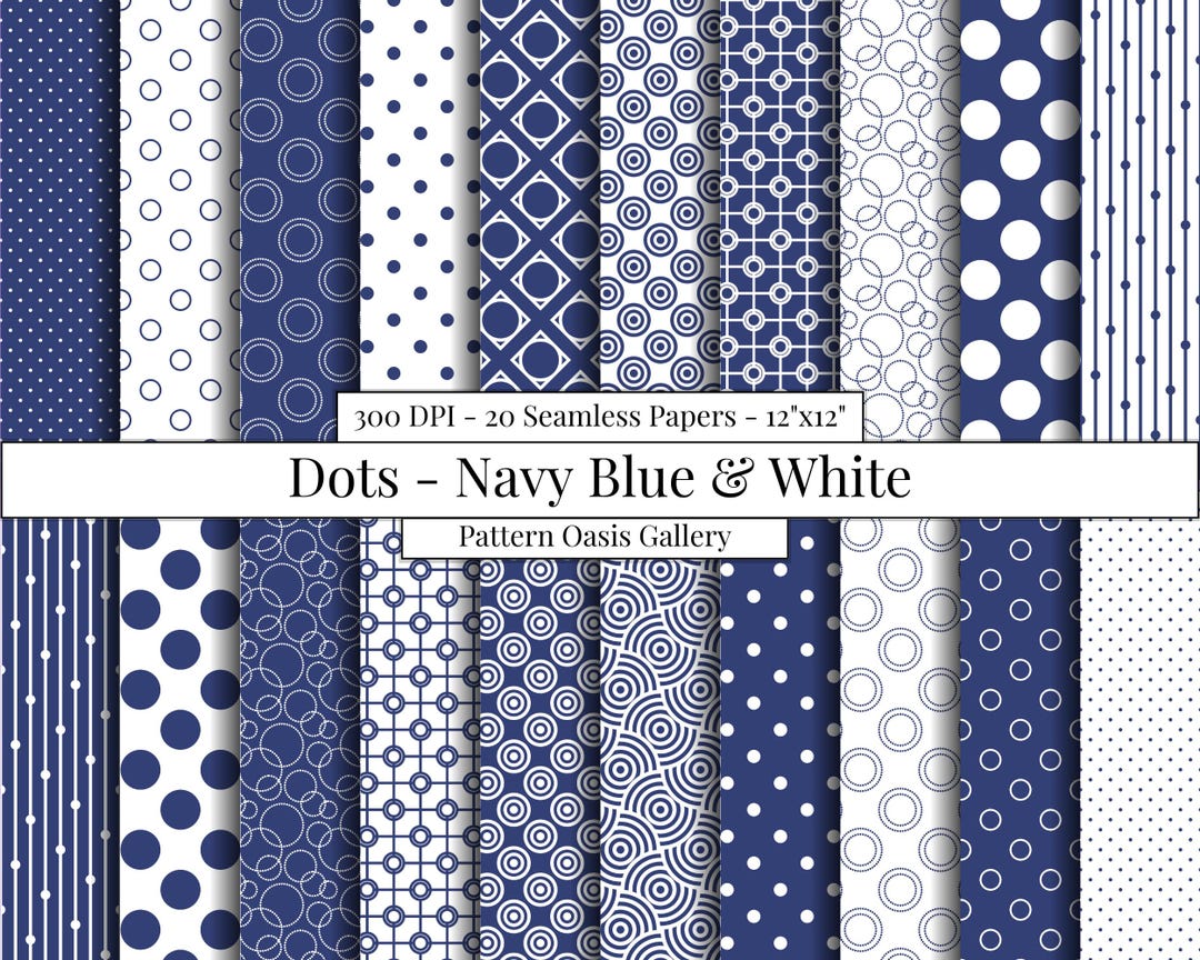 Navy Blue & White Polka Dots Digital Paper Bundle, 12"x12" Seamless ...