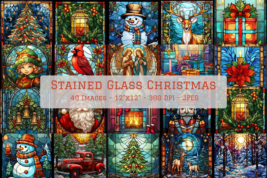 ステンドグラス クリスマス デジタルペーパー、クリスマス ステンド