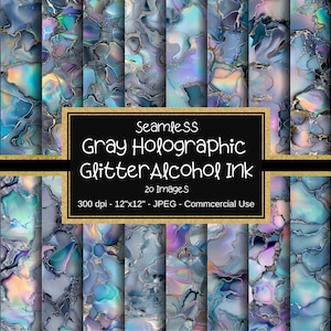 May include: A set of 20 digital paper designs featuring seamless holographic grey glitter alcohol ink patterns. Each design is 30.48 cm by 30.48 cm and 300 dpi.