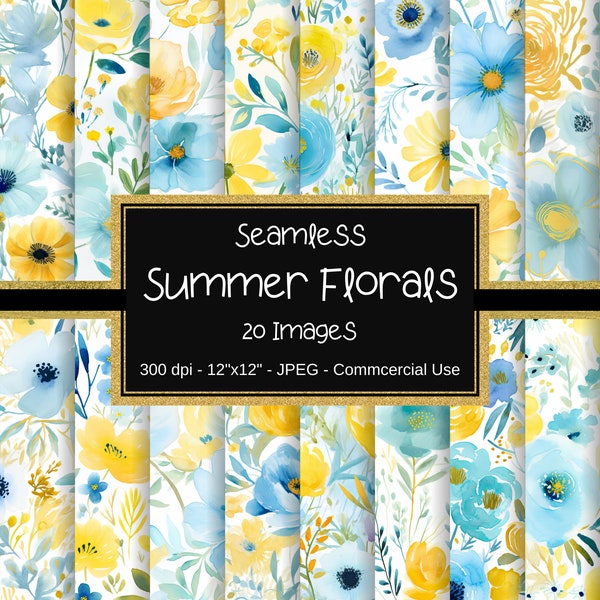 Summer Flowers Seamless Digital Papers, Summer Watercolor Flower Patterns, Light Blue & Yellow, 20 Designs, 12"x12", Commercial Use