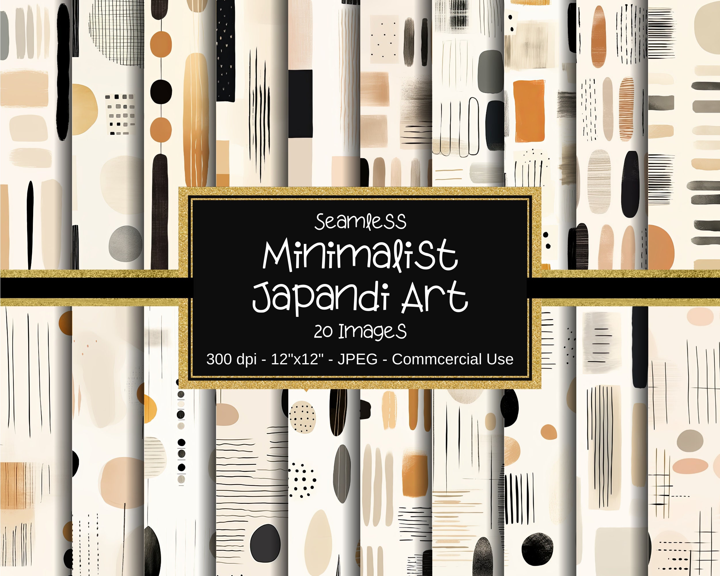 Japandi Art Seamless Pattern, Japanese Digital Paper, 20 Images, 12"x12", Commercial Use, Modern Minimalist Design, Japandi Pattern