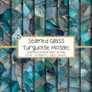 Könnte beinhalten: Ein digitales Papierbündel mit einem türkisfarbenen Mosaikdesign aus Glasmalerei. Die nahtlosen Muster zeigen Türkis-, Blau- und Grautöne mit goldenen Akzenten. Der Text auf dem Bild lautet "Stained Glass Turquoise Mosaic" und "12"x12" - 20 Papers - JPEG - 300DPI".