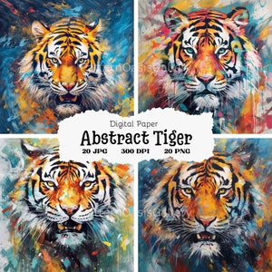 May include: A digital paper pack featuring four abstract tiger illustrations. The tigers are painted in a colourful style with splashes of blue, yellow, orange, red, and green. The text "Digital Paper Abstract Tiger 20 JPG 300 DPI 20 PNG" is displayed on a white background.