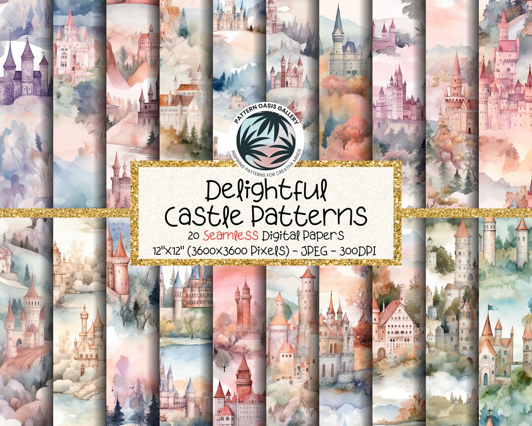Delightful Castles Seamless Digital Paper, Watercolor Castles Patterns ...