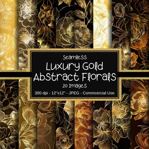 Modello senza cuciture floreale dorato, carta digitale di fiori d'oro di lusso, 20 immagini, 12"x12", uso commerciale, disegno floreale astratto, motivo oro