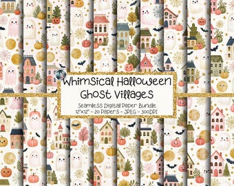 Cute Halloween Ghost Houses Digital Paper Bundle, Seamless Whimsical Cottage Patterns (Digital Download)