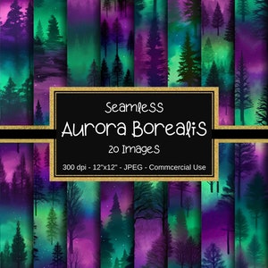 Aurora Borealis and Trees Digital Paper, Northern Lights, 20 seamless patterns, Printable papers, Digital Scrapbooking, Instant Download