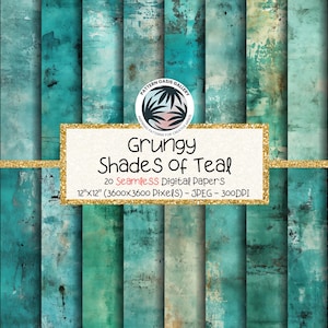 Seamless Grungy Shades of Teal, Digital Paper, Distressed Textures, Grunge Backgrounds, Scrapbooking, Instant Download, Printable Paper