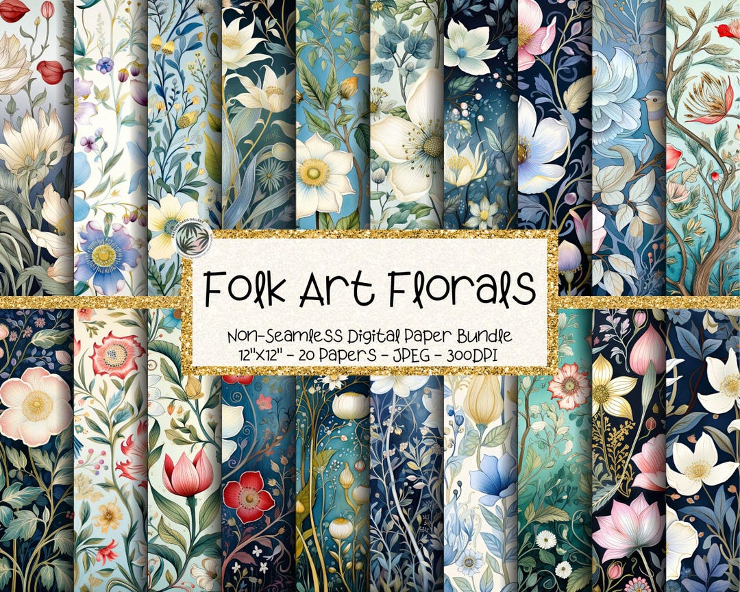 Folk Art Floral Digital Paper Bundle, Botanical Patterns, Vintage Style ...