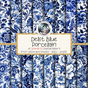 Motivo senza soluzione di continuità in porcellana blu e bianca, carta digitale Delft blu, 12"x12", 20 immagini, motivo floreale blu