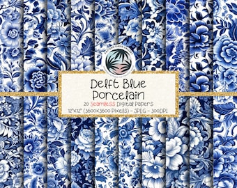 Blue and White Porcelain Seamless Pattern, Blue Delft Digital Paper, 12"x12", 20 Images, Blue Floral Pattern