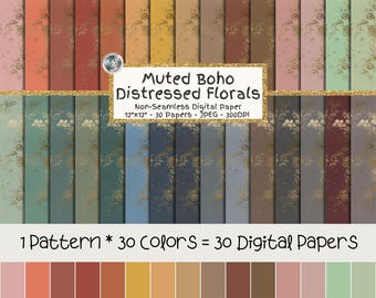Gold Distressed Floral Digital Paper Bundle, Muted Boho Botanical Grunge, 30 Colors (Digital Download)