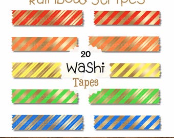 Imágenes prediseñadas de cinta washi a rayas doradas arcoíris, PNG para planificador digital (descarga digital)