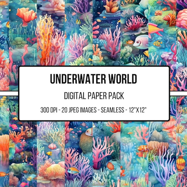 Underwater World Digital Paper, Under the Sea Background, Nature Ocean Landscape Backdrop, Download Junk Journal, Scrapbooking, Watercolor