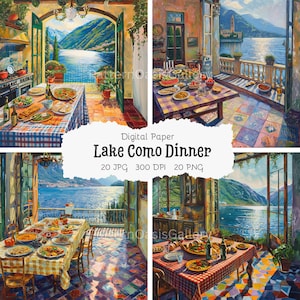 20 Lake Como Dinner Clipart, Watercolor Lake Como Clipart, Italian Landscape, Printable Watercolor Clipart, High Quality JPGs & PNGs, #28