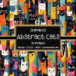 Può includere: Un pacchetto di carta digitale con 20 motivi senza cuciture che presentano gatti astratti in vari colori e design. Il testo "Seamless Abstract Cats" e "20 Images" è visualizzato su uno stendardo nero e dorato.