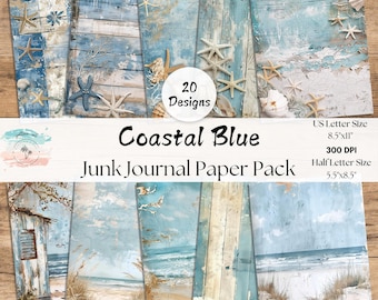 Ocean Junk Journal Pages, Full and Half Papers, Beach Shabby Chic, Ocean Blue Seaside Printables, Scrapbook Supplies, Ephemera, Vintage