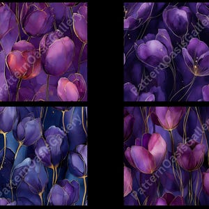 May include: Four digital art panels featuring watercolor-style purple tulips with gold outlines. The flowers have varying shades of purple and pink, set against a dark background. The panels are from Pattern Oasis Gallery.