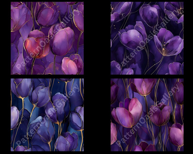 May include: Four digital art panels featuring watercolor-style purple tulips with gold outlines. The flowers have varying shades of purple and pink, set against a dark background. The panels are from Pattern Oasis Gallery.