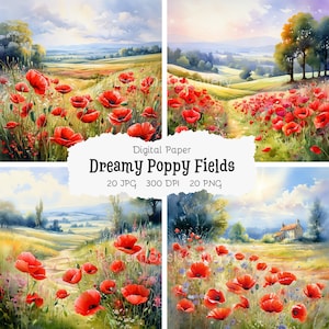 Könnte beinhalten: Ein digitales Papierpaket mit 20 Bildern eines Feldes mit roten Mohnblumen im Aquarell-Stil. Die Bilder haben eine Auflösung von 300 DPI und sind sowohl im JPG- als auch im PNG-Format verfügbar. Der Text "Dreamy Poppy Fields" ist auf dem Bild zu sehen.