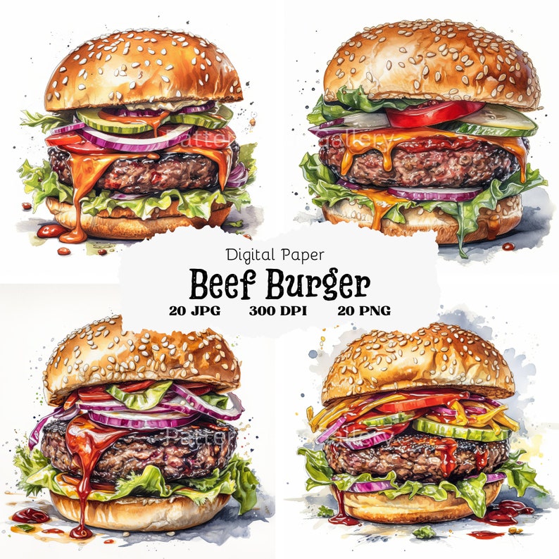 Op de afbeelding: Vier aquarel illustraties van rundvleesburgers met verschillende toppings, waaronder sla, tomaat, ui, kaas en augurken. De burgers zijn op witte sesamzaadjesbroodjes en hebben een sappig, vlezig uiterlijk. De illustraties zijn op een witte achtergrond met aquarel spatten.