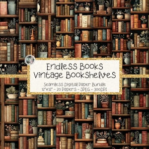 Könnte beinhalten: Ein digitales Papierbündel mit einem Vintage-Bücherregal-Design. Das Bild zeigt eine detaillierte Illustration zahlreicher antiker Bücher in verschiedenen Farben, die auf Holzregalen angeordnet sind. Der Text lautet "Endless Books Vintage Bookshelves" und "12"x12" - 20 Papers - JPEG - 300DPI".
