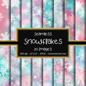 Watercolor Snowflakes Papers, Pink & Turquoise Digital Snowflakes Paper, Snowflakes Seamless Collage, Christmas Paper, Frozen Patterns, Xmas