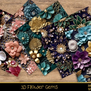 May include: A digital paper pack featuring six different designs of 3D flower gems. Each design features a variety of flowers in different colours and textures, including gold, blue, purple, pink, and green. The flowers are arranged in a repeating pattern on a dark background. The text "3D Flower Gems" is printed at the bottom of the image.