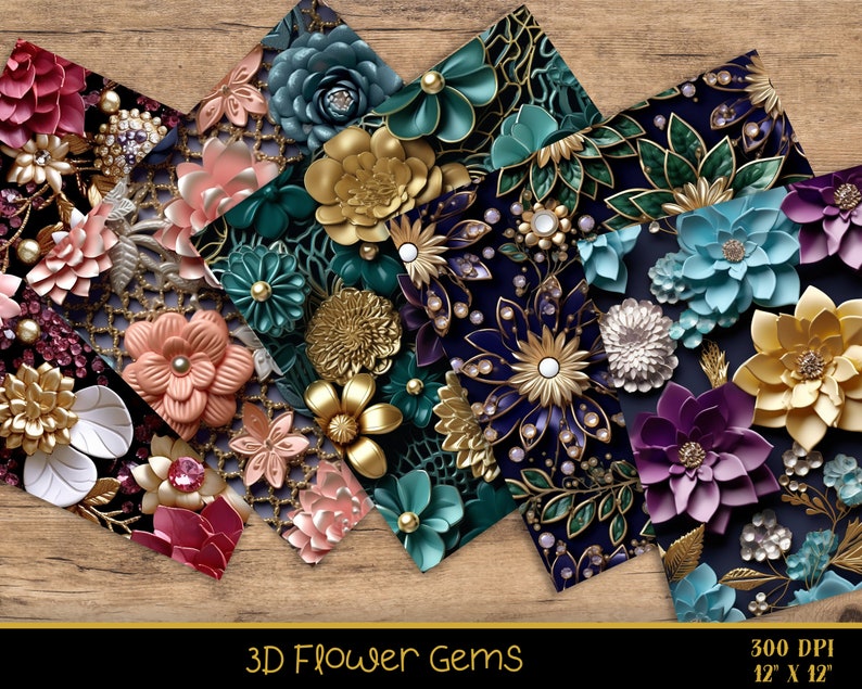May include: A digital paper pack featuring six different designs of 3D flower gems. Each design features a variety of flowers in different colours and textures, including gold, blue, purple, pink, and green. The flowers are arranged in a repeating pattern on a dark background. The text "3D Flower Gems" is printed at the bottom of the image.