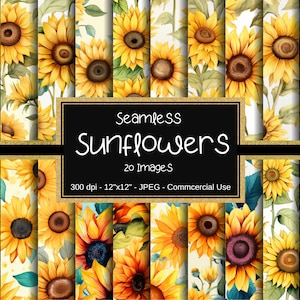 Sunflowers Seamless Digital Paper, Watercolor Sunflowers, 20 Designs, 12"x 12", Commercial Use, Digital Scrapbooking, Flower Patterns,Summer