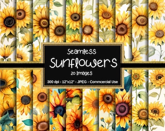 Sunflowers Seamless Digital Paper, Watercolor Sunflowers, 20 Designs, 12"x 12", Commercial Use, Digital Scrapbooking, Flower Patterns,Summer