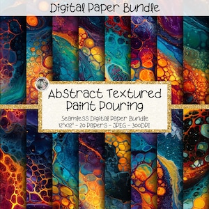 May include: A digital paper bundle featuring 20 seamless abstract textured paint pouring designs. Each design is 12"x12" and showcases vibrant colors like blue, orange, yellow, and purple. The image includes the text "Digital Paper Bundle" and "Abstract Textured Paint Pouring".