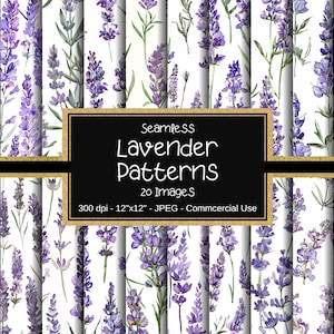 Watercolor Lavender Seamless Pattern, Lavender Digital Paper, Sprigs of Lavender, Lavender Background, 12"x12", 20 Pattern, Commercial Use