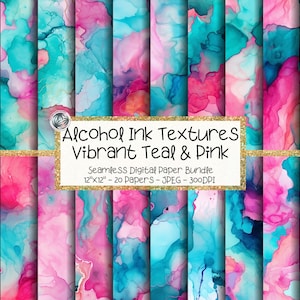 Alcohol Ink Texture Digital Paper Bundle, Seamless Fluid Ink Patterns, Teal and Pink Background