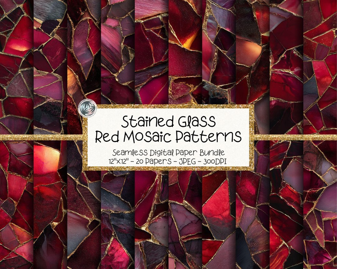 Red Stained Glass Digital Paper Bundle, Seamless Gold Mosaic Texture ...