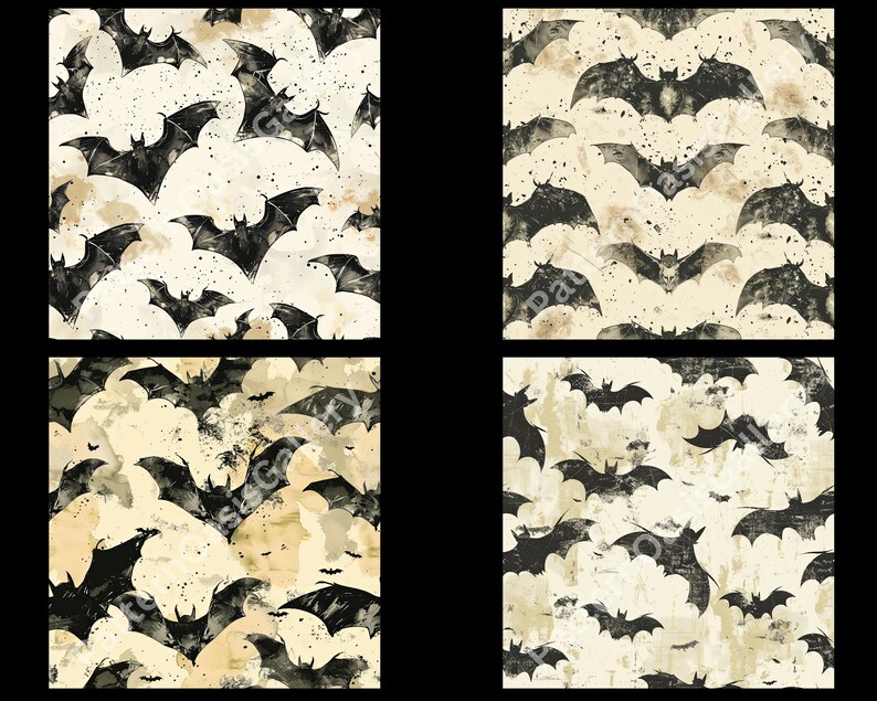 Unique Bat Patterns Black Bats Seamless Patterns, Distressed Bats Digital Paper, 12