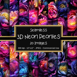 Puede incluir: Un collage de 20 diseños de papel digital sin costuras con peonías de neón rosa, azul y amarillo vibrantes. El texto "Seamless 3D Neon Peonies 20 Images 300 dpi - 12"x12" - JPEG - Commercial Use" se muestra sobre un fondo negro.