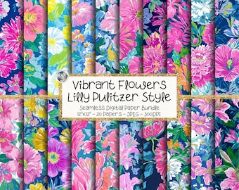 Lilly Pulitzer Style Floral Digital Paper Bundle, Seamless Pink Blue Tropical Pattern, Digital Download