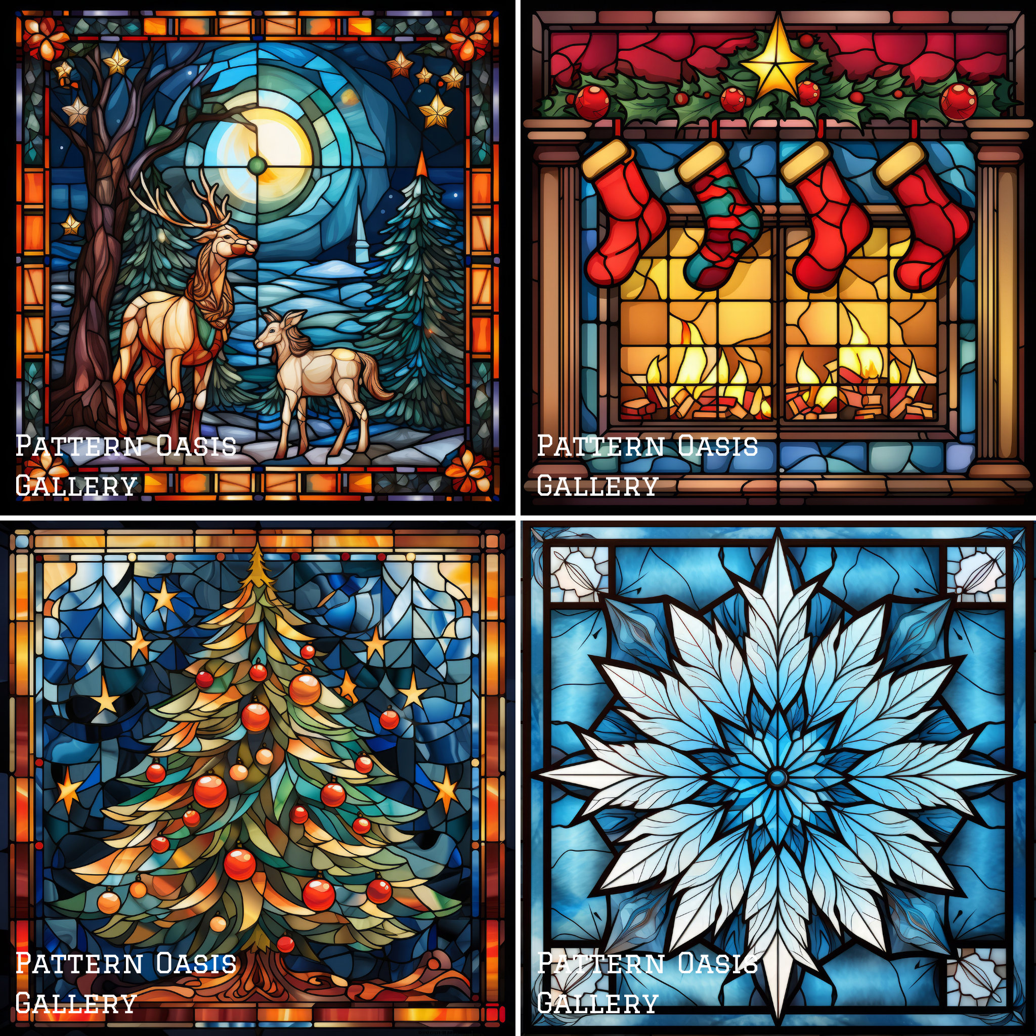 ステンドグラス クリスマス デジタルペーパー、クリスマス ステンド