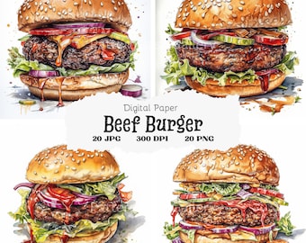 20 Hamburger Clipart, Burger Clipart, Fast Food Clipart, Food Clipart, Printable Watercolor Clipart, Wall Art, High Quality JPGs & PNGs,#105