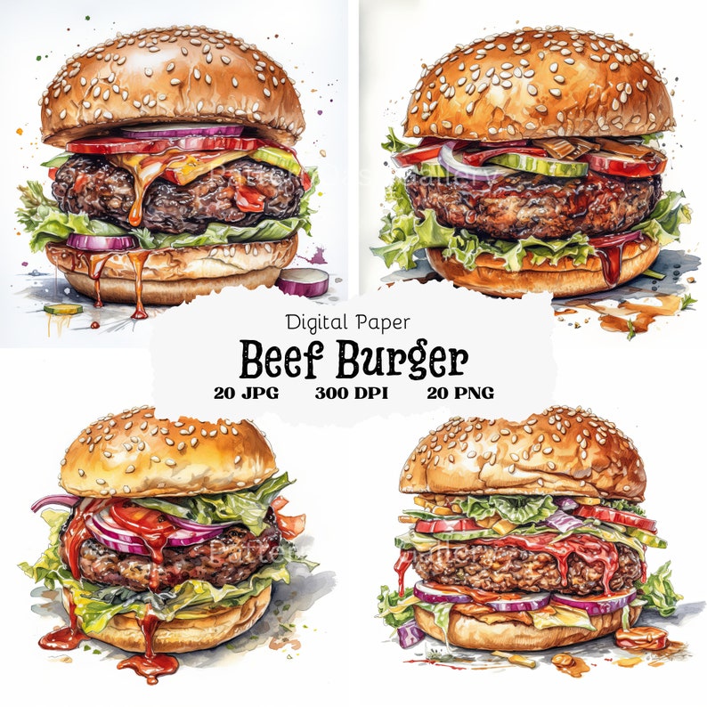 Op de afbeelding: Vier aquarel illustraties van rundvleesburgers met verschillende toppings, waaronder sla, tomaat, ui en augurken. De burgers zijn op witte achtergronden met aquarel spatten.