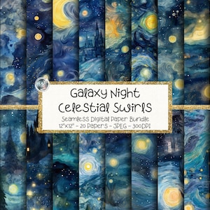 May include: A digital paper bundle featuring 20 seamless designs with a galaxy night theme. The artwork showcases celestial swirls in shades of blue, yellow, and white. Each paper measures 12"x12" and is suitable for various craft projects.