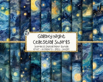 Galaxy Night Digital Paper Bundle, Seamless Swirls Star Patterns, Celestial Sky Backgrounds (Digital Download)