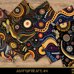 Puede incluir: Cuatro dise&ntilde;os de papel digital con arte aborigen en colores negro, amarillo, rojo, blanco y azul. Los dise&ntilde;os presentan puntos, c&iacute;rculos y espirales. Los dise&ntilde;os miden 30,48 cm por 30,48 cm y 300 DPI.