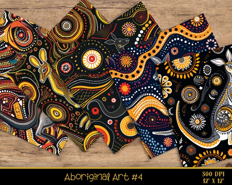 Puede incluir: Cuatro dise&ntilde;os de papel digital con arte aborigen en colores negro, amarillo, rojo, blanco y azul. Los dise&ntilde;os presentan puntos, c&iacute;rculos y espirales. Los dise&ntilde;os miden 30,48 cm por 30,48 cm y 300 DPI.
